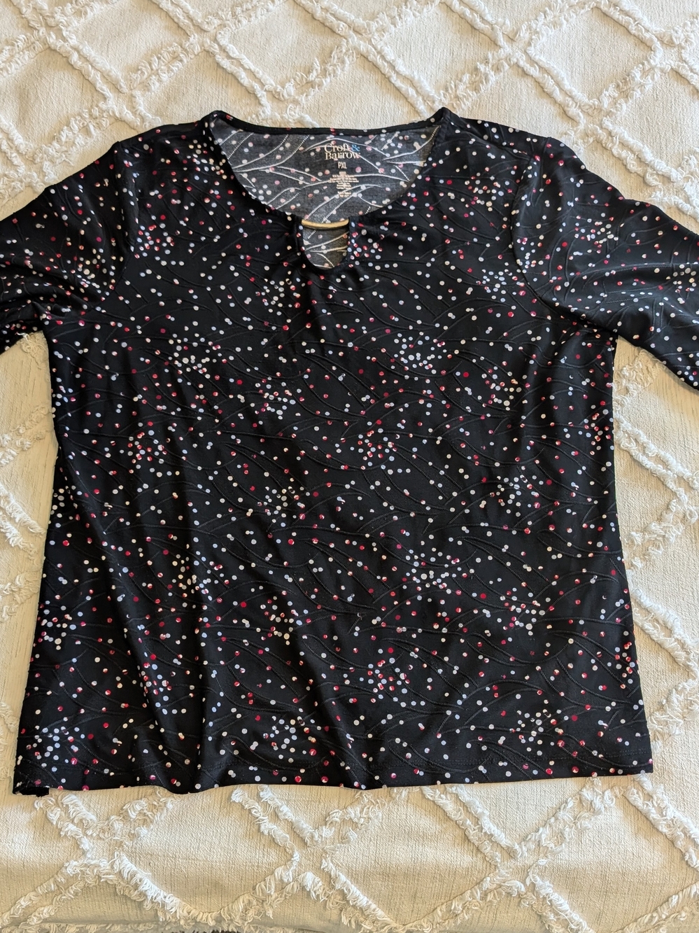 Croft & Barrow Black 3/4 Sleeve Top with Red/White/Blue-gray Dots & Gold Accent
